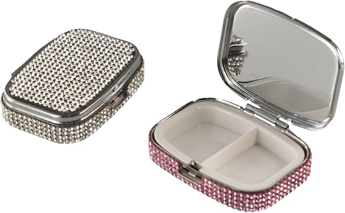 2PCS Pill Case Organizer,Rhinestone Pill Holder Portable Travel Pill Box,Pocket Pill Case Medicine Organizer,Small Pill Holder Case