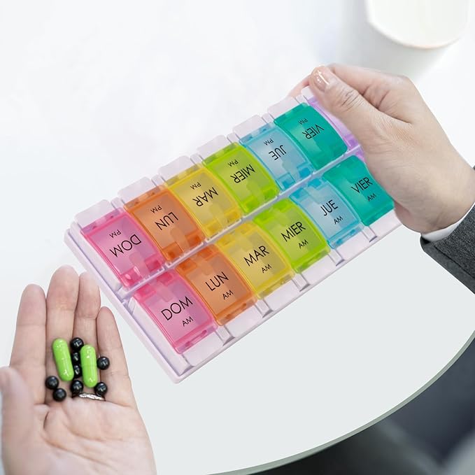Spanish Pill Organizer 7 Weekly Two Times per Day AM PM with Spring Open Design, Medication Organizer Spanish, Vitamin Planner, Organizador de Pastillas en Español, Spanish Pill Box