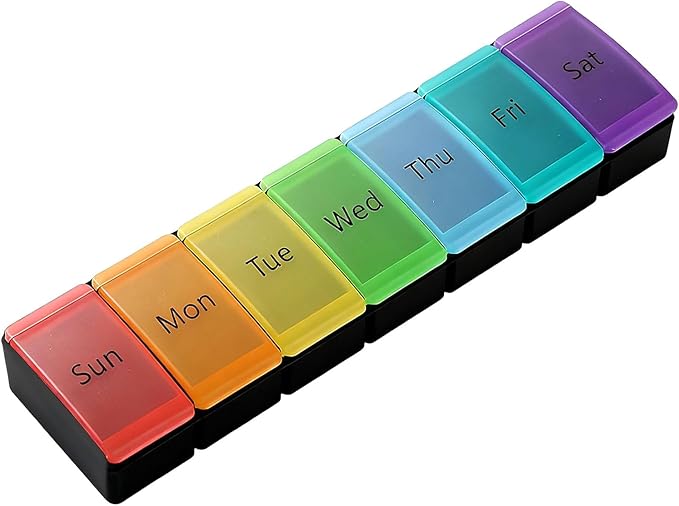 Weekly Pill Organizer, 7 Days Portable Travel Pill Box, 7-Compartment Medicine Planner Dispenser, Easy to Open, Senior-Friendly, Storage for Vitamins, Fish Oil (Black, 7-Color lid)
