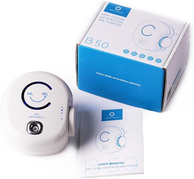 Airthereal B50 Mini Ozone Generator Air Purifier- Removes Odors and Sterilizes Air in Small Spaces Up To 320 Sq Ft - Plug in Mini Air Ionizer, Adjustable Ozone Output of 10-50 mg/h