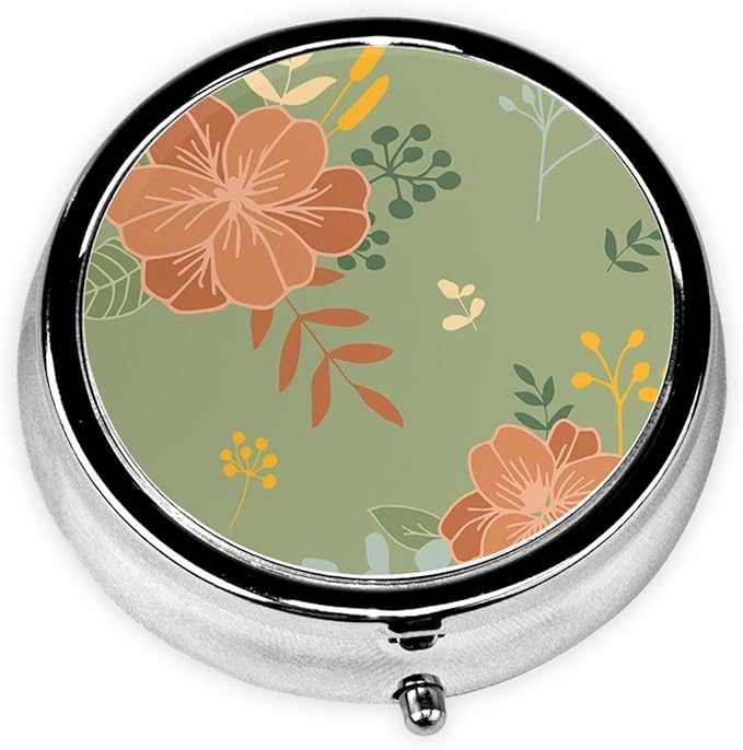 Metal Pill Organizer - 3-Compartment Mini Round Pill Case for Pocket & Purse, Portable Vitamin Holder, Easy-Open Design for Travel - Orange Blossoms Flowers