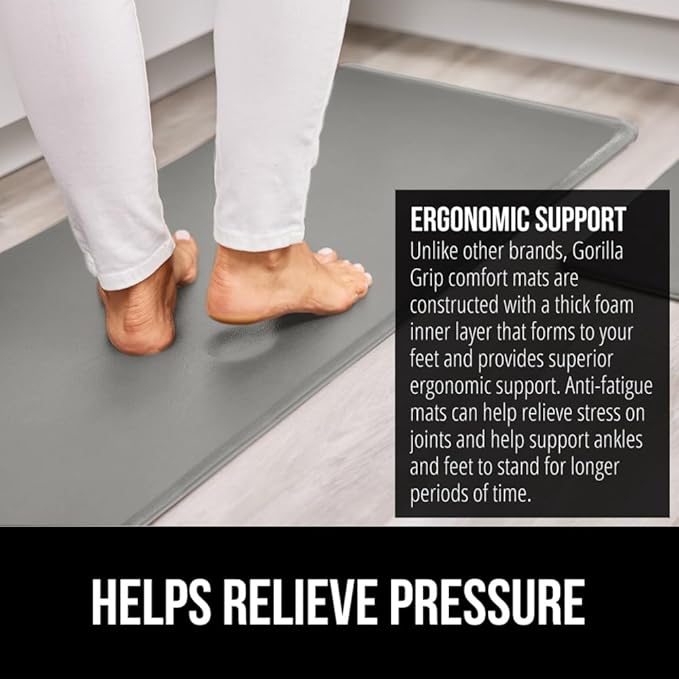 GORILLA GRIP 2 Pack Comfortable Cushioned Kitchen Mats for Floor, 17x29 + 17x59, Waterproof and Stain Resistant, 1/2 Inch Thick Soft Ergonomic Standing Desk Anti Fatigue Mat, Foam Supports Feet, Grey