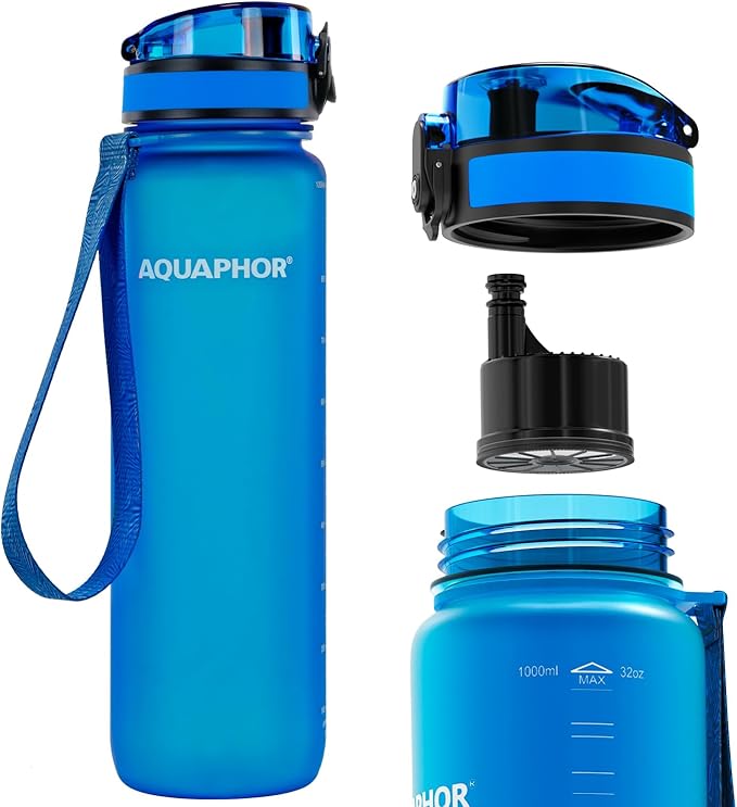Nakii Filtered Water Bottle, Leakproof, BPA-Free, Motivational Markings, Travel, Everyday Use. 40-Gallon Filter, Replaces 300 Plastic Water Bottles. Includes 1 Filter, 34 FL Oz, Blue by Aquaphor