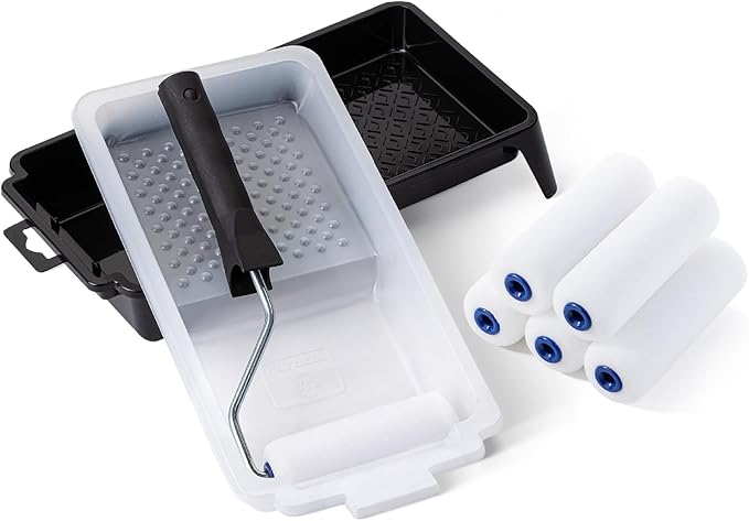 Bates- 4 Inch Foam Paint Roller Set, 8 pcs, Small Paint Roller Kit, 1x Black Plastic Paint Tray, 1x Tray Liner, 1x Roller Frame & 5X Foam Covers