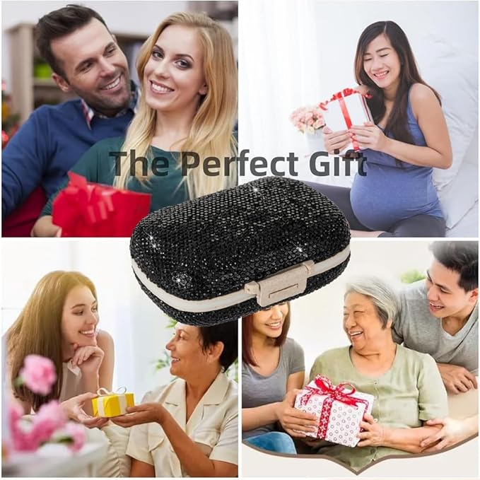 Daily 6 Compartments Pill Box Container Bling Diamond for Purse Medicine Container Holder for Women Travel Kit Medicine (Black)