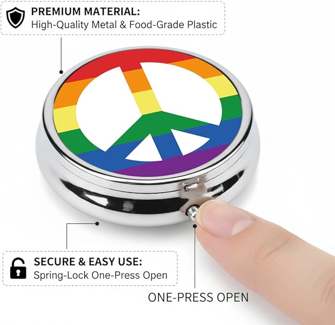 LGBTQ Peace Pill Box 3 Compartment Small Pill Case,Portable for Pocket or Purse Pill Organizer Pill Container Holder with Mirror to Hold Vitamins, Medication, Fish Oil and Supplements