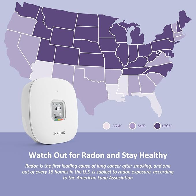 INKBIRD Radon Detector for Home, Ink-RD3 Portable Radon Tester for Home with Long & Short Term Monitoring, E-Ink Display & 2-Year Battery, Alpha Spectrometer Sensor, PCi/L & Bq/m³ Units Switchable