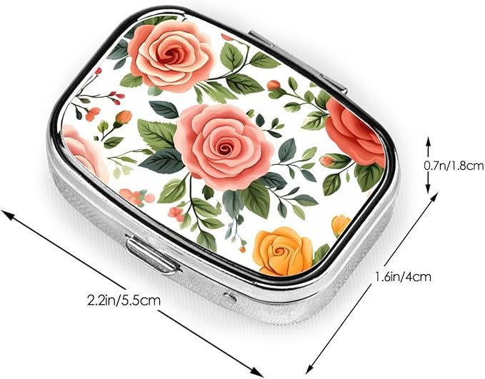 Simple Rose Pattern Pill Box with Mirror 2 Compartment Metal Square Small Pill Case for Purse Pocket Portable Pill Container Holder Travel Medicine Organizer for Vitamin Fish Oil Supplement