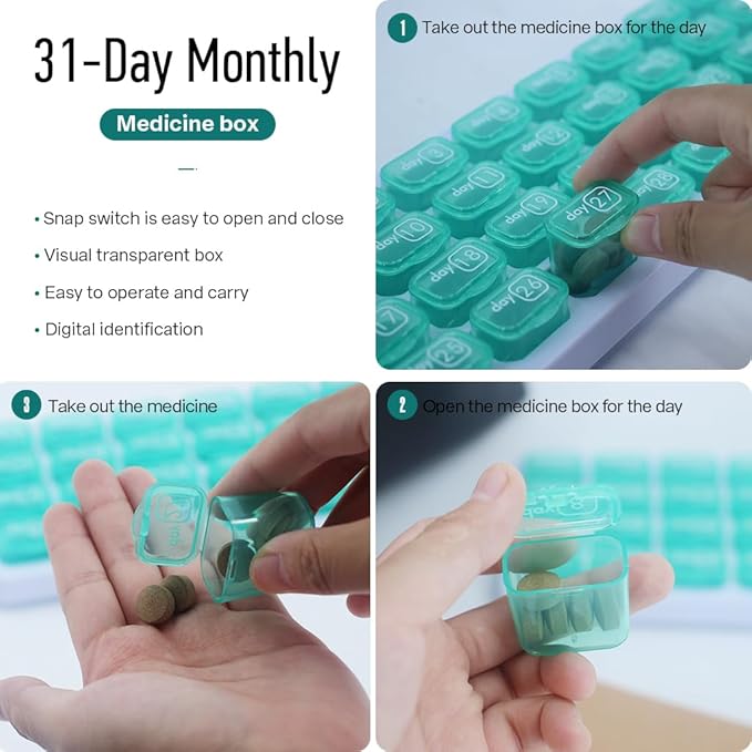 Monthly Pill Organizer, Large Travel Pill Box 31 Day, Daily Pill Case, Pill Holder Container for Vitamin, Medicine, Supplement, Fish Oil, Green