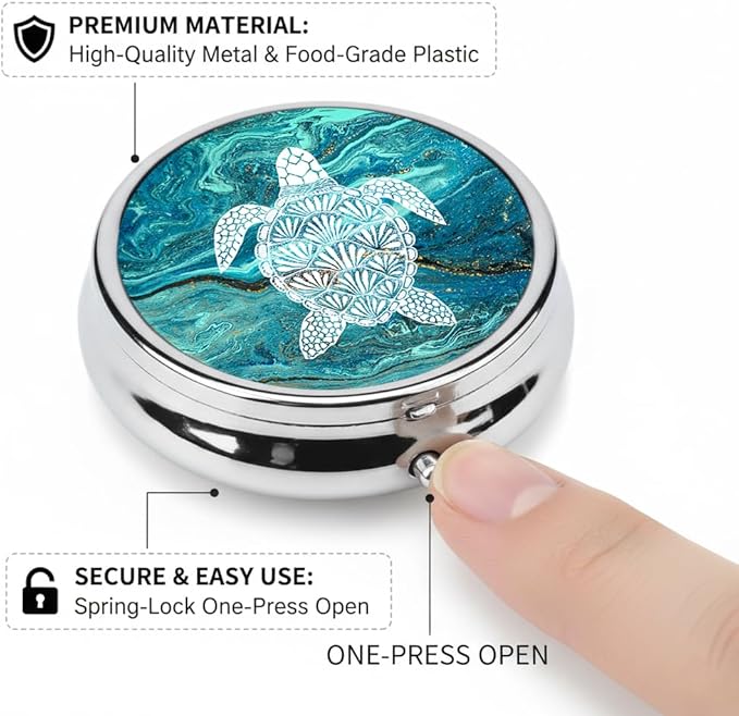 Sea Turtle Pill Box 3 Compartment Small Pill Case,Portable for Pocket or Purse Pill Organizer Pill Container Holder with Mirror to Hold Vitamins, Medication, Fish Oil and Supplements