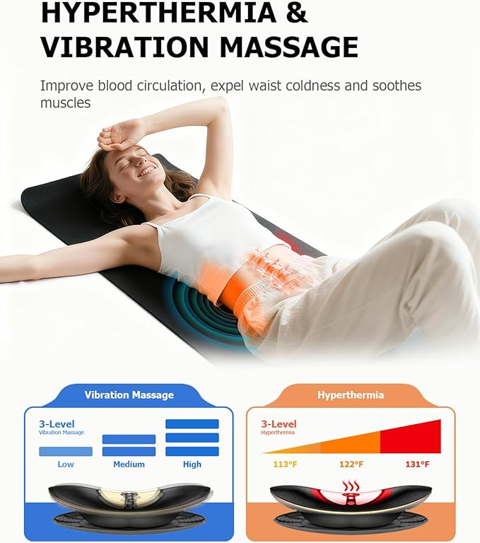 Lumbar Traction Device, Electric Lower Back Stretcher Device with Dynamic Airbag, 3 Level Vibration Massage, Adjustable Temperature from 113 to 131℉ (45 to 55℃), Easy to Use