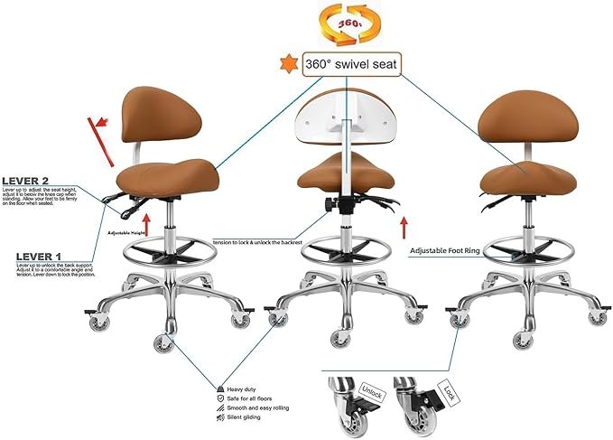 Saddle Stool Chair with Backrest and Footrest- Ergonomic Rolling Saddle Stools Hydraulic Swivel Adjustable Stool Esthetician Chair for Massage Beauty Salon Tattoo Dentist Clinic Home Office (Camel)