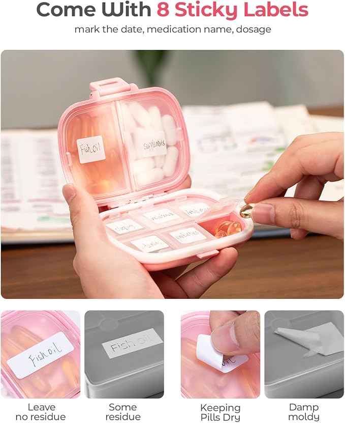 Travel Pill Organizer, 6+2 Extra Large Compartments Portable Pill Case, Daily Pill Box to Hold Vitamins, Small Pill Container for Pocket Purse Medicine Organizer（Pink）