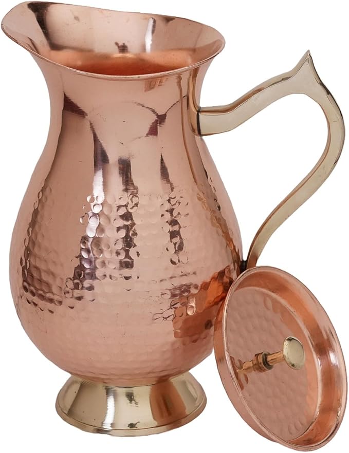 100% Pure Copper Pitcher 50.72 oz 1500 ml, Traditional Mughlai Copper Water Jug with Lid & Handle, Copper Drinking Water Pitcher for Daily Use, Ayurvedic Inspired