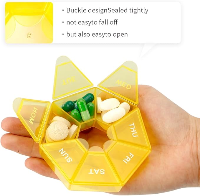 Pill Organizer, Pill Box, Small Pills Case, Medicine Organizer 1 Time a Day,Medicine Holder Container,Weekly Pills Organizers, Daily Travel Medicines Container 7 Day (Yellow)