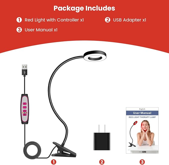 Wolezek Red Light Therapy Lamp for Body and Face, 40 LED Clip on Red Infrared Light Therapy Device with Timer, 5-Level Brightness, 660nm & 850nm Dual Wavelength for Skin Muscle, Home Use, 1-Head