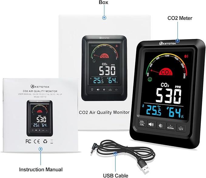 KETOTEK CO2 Monitor Indoor Air Quality Meter with CO2 Alarm, Temperature, Humidity Display, Portable Carbon Dioxide Detector for Home, Car, Office or School