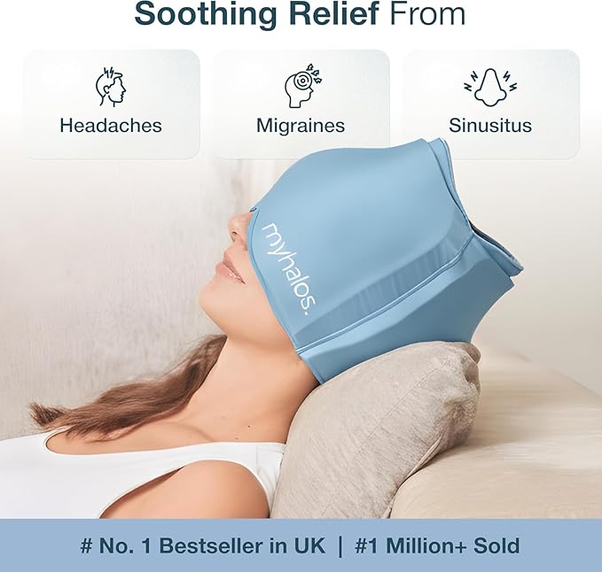 MyHalos® Migraine Relief Cap – 30% Thicker Ice Hat 2X Cooling Gel, Headache & Sinus Ice Pack Wrap, Cold Therapy for Migraine, Tension, Hangover, Facial Pain, Strap-Free, Odor-Free Storage Included