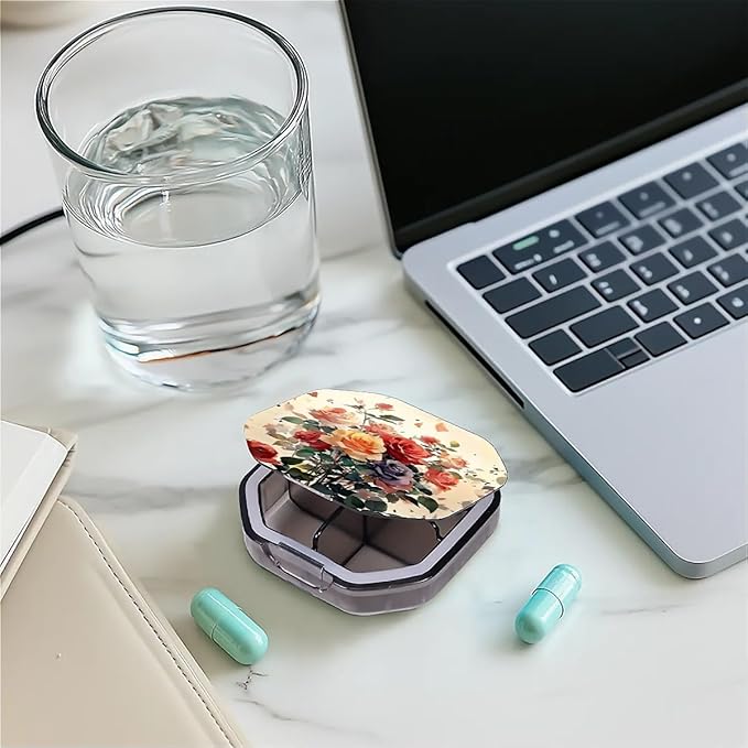 This Portable Watercolor Rose Pattern 4-Compartment Pillbox Can Be Placed in A Pocket Or Wallet to Store Vitamins, Medicines Fish Oil Health Supplements Other Medications.