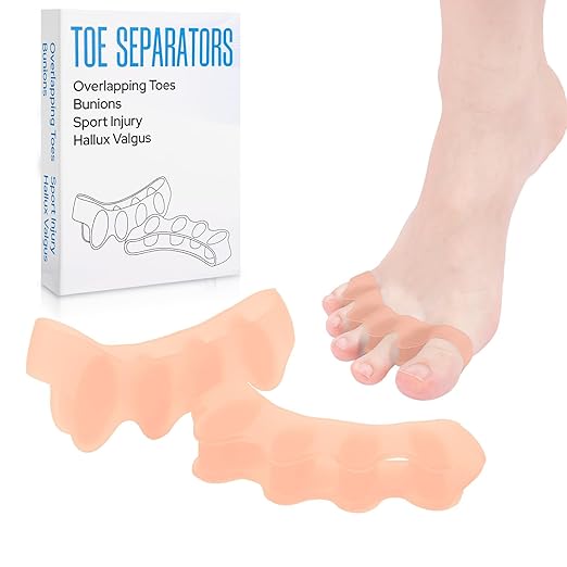 Silicone Toe Separators for Women & Men - Toe Spacers for Bunion Relief, Hammer Toe, Plantar Fasciitis & Pedicures | Includes Metatarsal Pad & Therapeutic Yoga Cushion for Foot Pain (2, Beige)