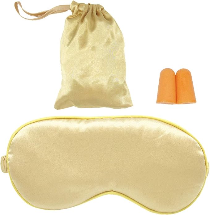 HappyDaily Beautiful Silk Sleep Mask with Luxury Travel Pouch and Ear Plug - Soft and Comfortable Eye Shade Eye Cover for Full Night Sleep,Nap,Travel (Gold)