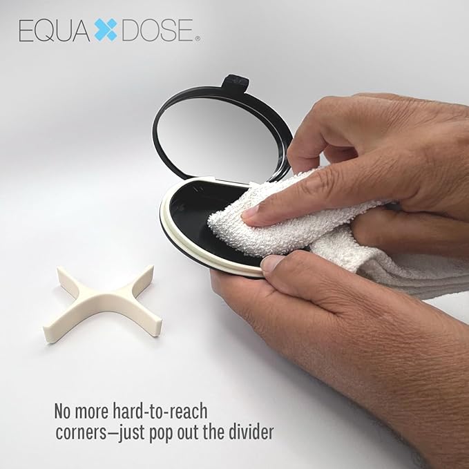 EQUADOSE Oval Compact Pill Case, Portable Organizer with Mirror, Travel Medication Holder with Removable Divider, Small Storage Case for Pills, Vitamins, Earbuds, Jewelry & Daily Essentials, Black
