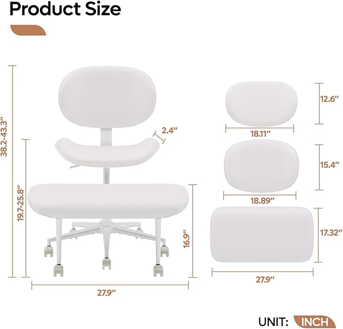 Upgraded Cross Legged Office Chair with Wheels, ADHD Chair for Adults, Wider Height Adjustable Backrest and Seat, Meditation Chair, Ergonomic & Yoga Office Chair, PU Leather, Beige, White
