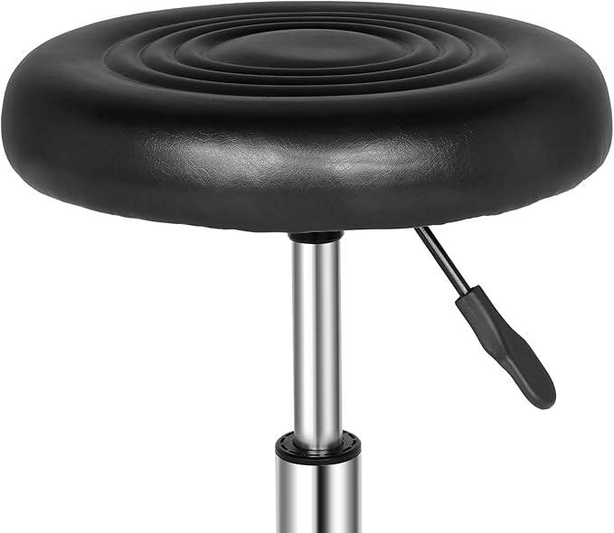 Round Rolling Bar Stool PU Leather with Wheels and Foot Rest, Height Adjustable Task Work Drafting Chair with Back for Salon Spa Tattoo Facial Medical Office Chairs (Black)