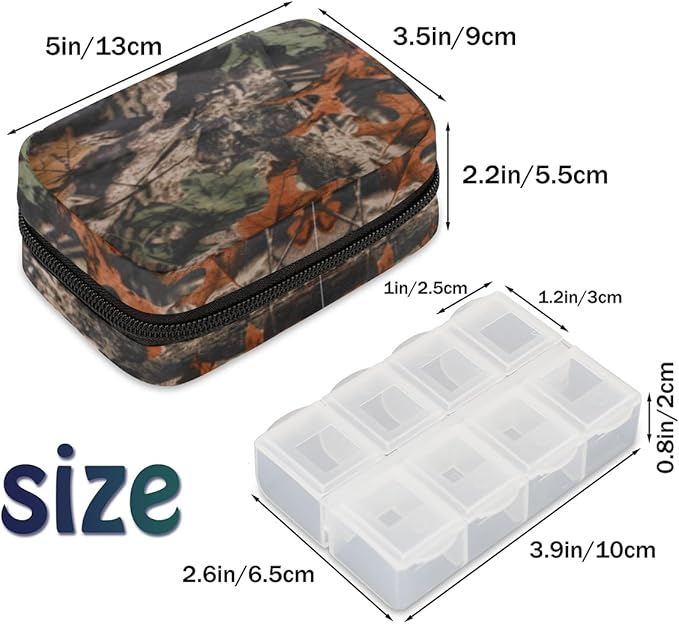 Forest Tree Camo Camouflage Pill Box Small Pill Travel Organizer 7 Day Weekly Medicine Pill Case Cute Compact Size Vitamin Container Pill Bottle Portable Pill Holder Bag with Zipper
