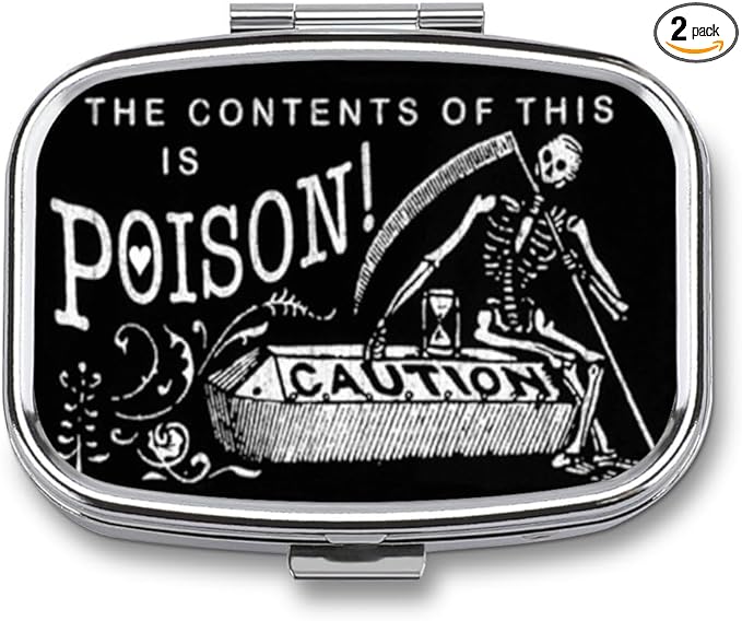 Metal 2 Compartment Pill Organizer Travel Friendly Portable Compact Pill Box Cute Pill Case to Hold Vitamins,Fish Oil,Supplements,Meds,Tablet for Purse,Pocket. (Black Scythe)