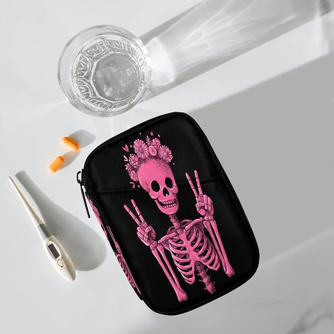 Pink Skull Fun Pill Case Travel Pill Organizer Weekly 7 Day Portable with Zipper Medicine Box Pill Case for Vitamins, Birth Control,Fish Oils,Medication, Supplements