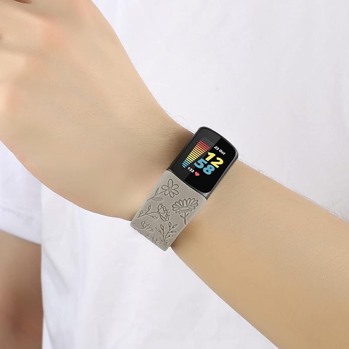 Flower Engraved Bands Compatible with Fitbit Charge 5 Band/Charge 6 Bands Women Cute Floral Engraving Soft Silicone Sport Strap Replacement Wristband for Fitbit Charge 5/6 Tracker Accessories