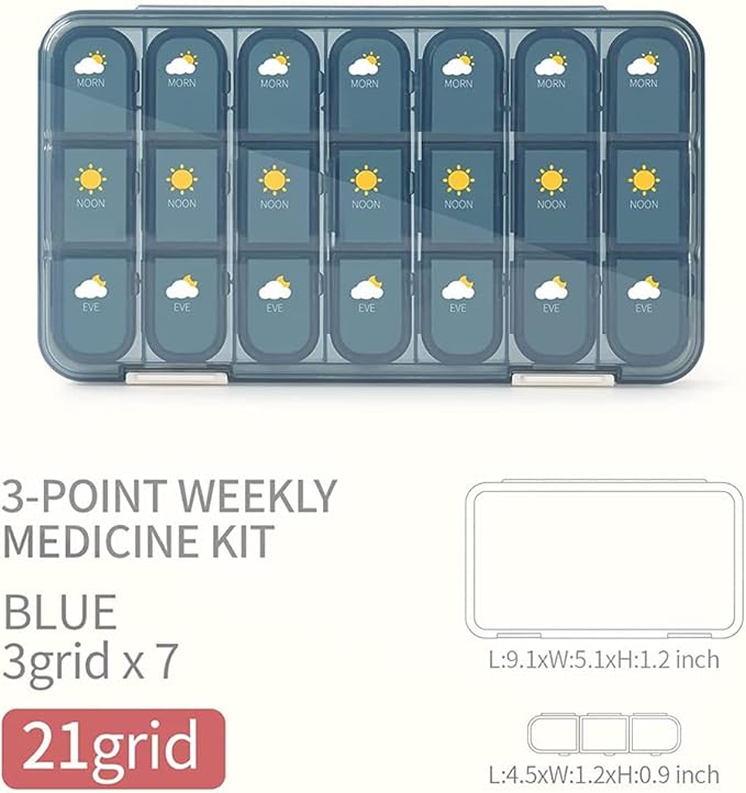 Weekly Pill Organizer,3-Times-A-Day 7 Day Pill Box Large Compartments, Removable Secured Outer Box Air Tight Travel Medicine Container for Purse, Pocket Vitamins Supplements Holder