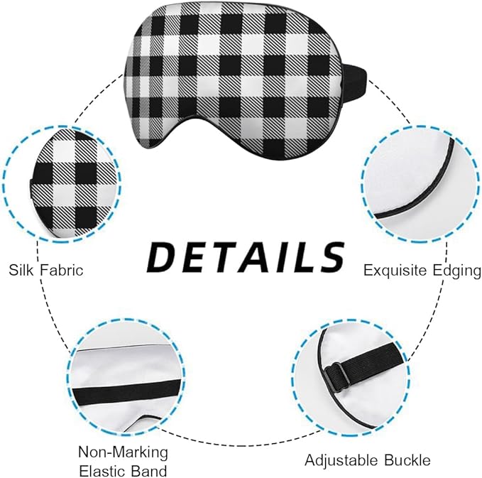Black and White Plaid Silk Eye Mask Sleep Mask Tartan Checkerboard Squares Pattern Eye Mask with Adjustable Strap Lightweight for Women Work Travel