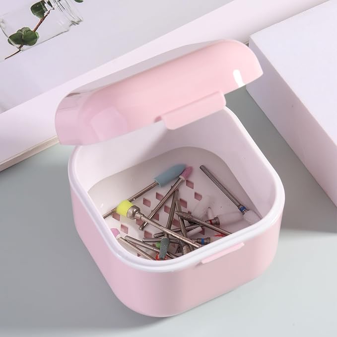 1Pc Plastic Nail Tool Sterilizer Box Nail Drill Bits Cleaning Box Polishing Tools Soaking Tray Manicure Pedicure Storage Container Case - Pink (Pink, 3.15“x3.15“x2.75“)
