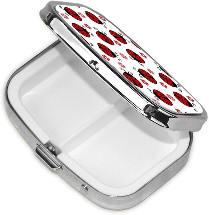 Red Ladybug Flower Pill Box with Mirror 2 Compartment Metal Square Small Pill Case for Purse Pocket Portable Pill Container Holder Travel Medicine Organizer for Vitamin Fish Oil Supplement