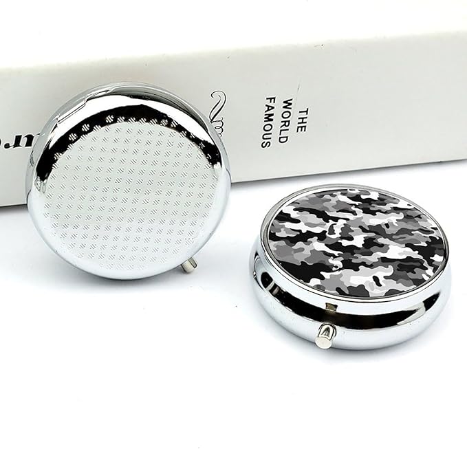Black Grey White Camo Pill Case Metal Round Portable Pill Box,Waterproof Travel Pills Organizer Vitamins Medicine Storage Box for Travel Or Daily