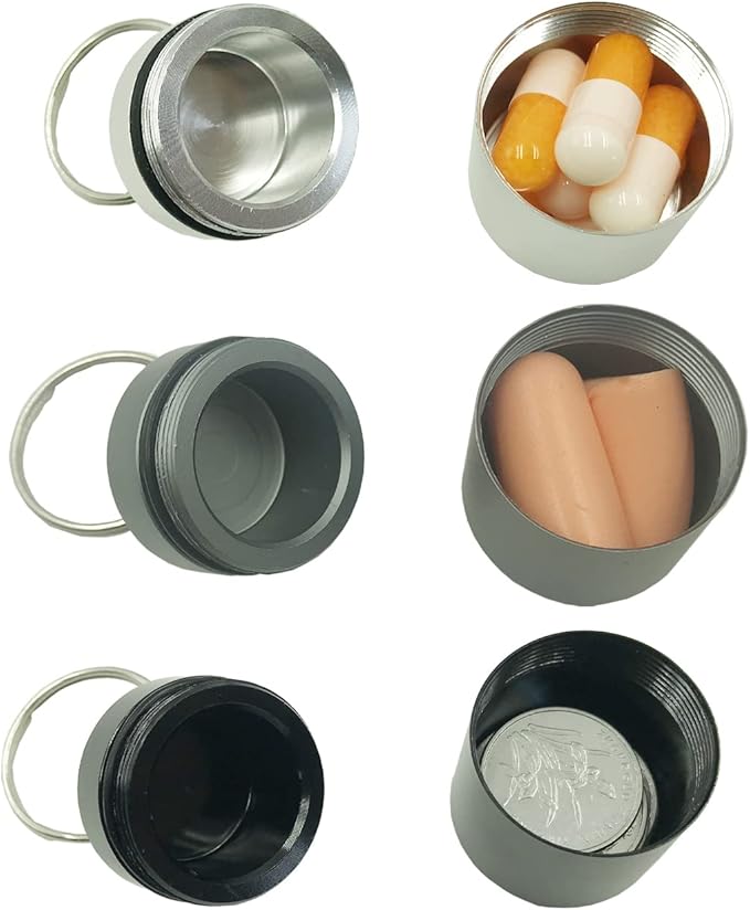 4 Pieces keychain pill holder,Waterproof Seal Small Pill Box Mountaineering Keychain Portable Aluminum Alloy Pill Container Portable Coin Storage earplug case (black)