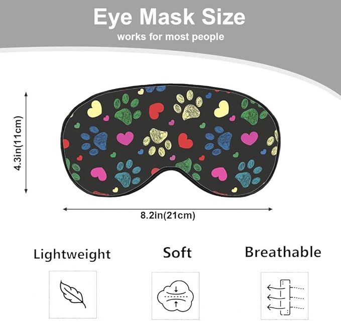 Paw Hearts Print Sleep Eye Mask Colorful Love Pet Footprints Black Silk Eye Mask Sleeping Soft Eye Shade Cover for Men Women Boy Girl Airplane Travel with Elastic Strap