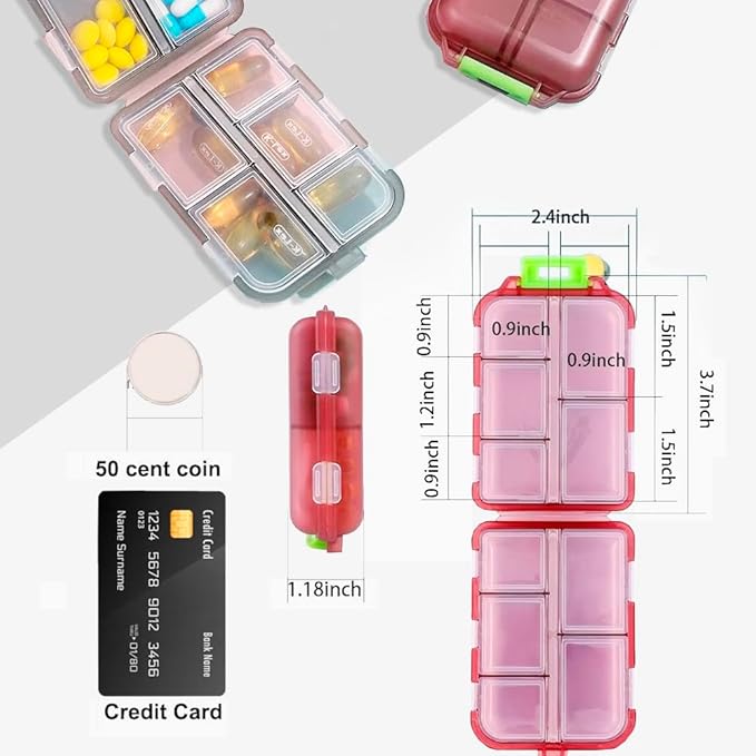 Custom Travel Pill Organizer, 10 Compartments Portable Pill Case with Medicine Labels, 5 Colors Daily Pill Box with 146 Kinds of commonly Used Medicine Name Stickers
