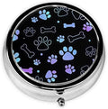 Pill Box 3 Compartment Pocket Small Pill Organizer Mini Metal Pill Holder Travel Portable for Man Old People and Kids - Gradient Black Dog Paw Print