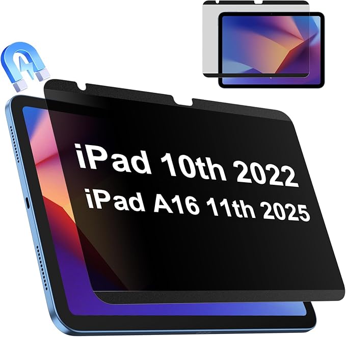 IPROKKO Magnetic Privacy Screen Protector Compatible With iPad 11th A16 2025 11" & 10th 2022 10.9 Inch, Removable Anti Blue Light Glare Spy Private Filter Black Security Shield Screen Cover [Support Apple Pencil]