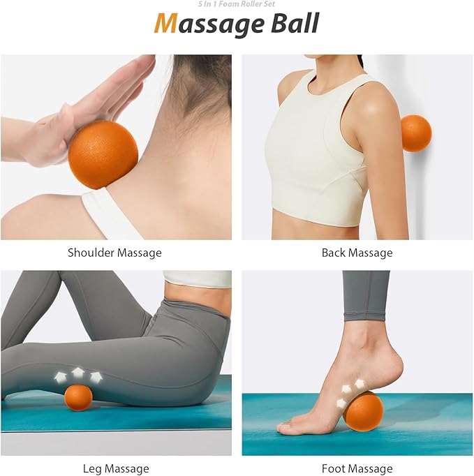 5 in 1 Foam Roller Set for Deep Tissue Muscle Massage, Trigger Point Fitness Exercise Foam Roller, Massage Roller, Massage Ball, Stretching Strap, for Whole Body(Orange-Black)