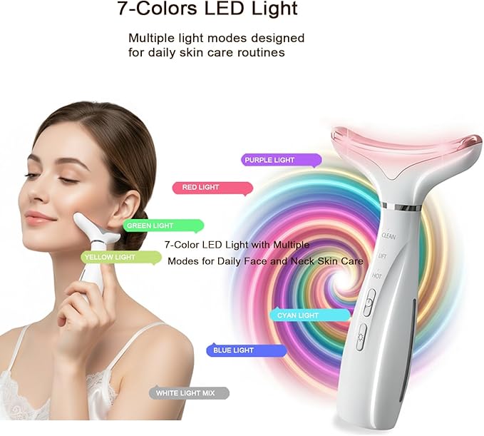 Face and Neck Massager, 7-Color LED Light Beauty Tool with Heat and Vibration for Daily Skin Care at Home