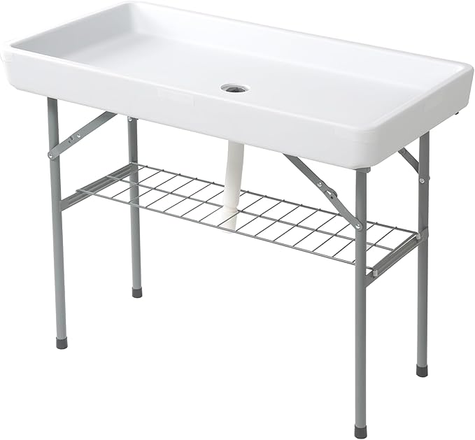 Allpop 4 Foot Folding Ice Cooler Table with Matching Skirt, Portable Patio Table with Grid Rack & Drain Hose for Party Bar Picnic BBQ Camping Wedding, White