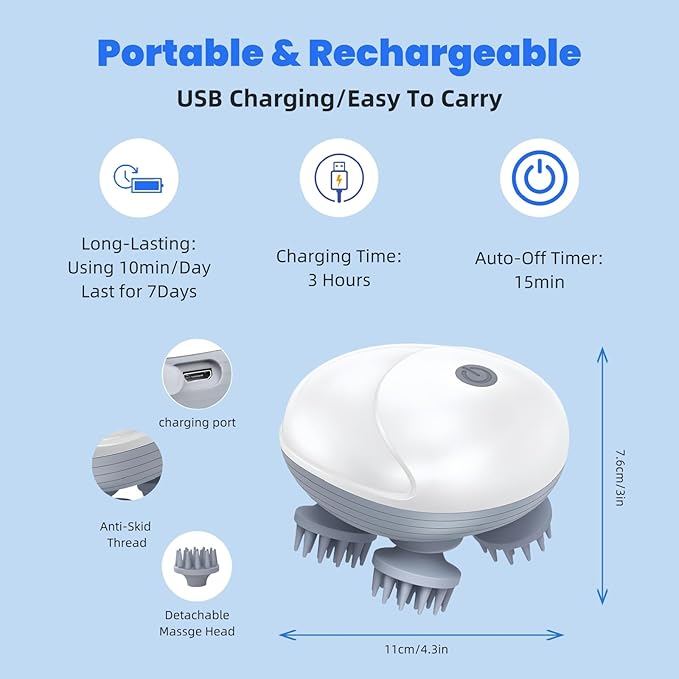 Upgraded Electric Scalp Massager for Men Women, Handheld Cat Dog Pet Head Massager with 4 Massage Heads, 3 Speeds, Waterproof Massager for Soothing Muscles Joints, Hair Growth, Stress Relax