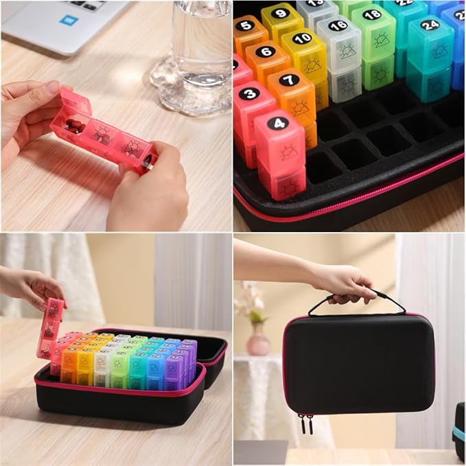 31-Day Monthly Pill Organizer with 3 Daily Compartments, Travel Medication Box with Pill Cutter, AM PM Storage Case (Pink)