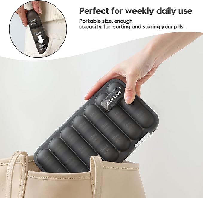 Moisture-Proof Weekly Pill Organizer, 3 Times a Day Large Capacity 7-Day Travel Pill Box with Labels, Double Protection Daily Medicine Container for Vitamins/Supplements - Black