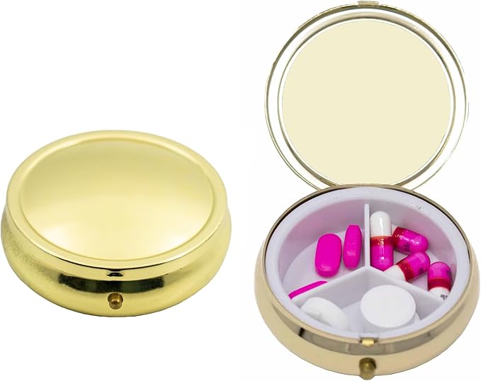 Set of 2 Circular Embossed Triple-Compartment Pocket Purse Pill Box & Organizer (Large Gold Curved)