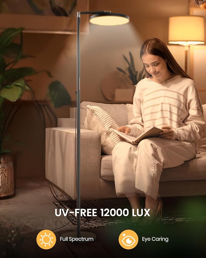 Light Floor Lamp 12000 Lux – UV-Free Full Spectrum LED Floor Lamp with 10 Brightness Levels, 5 Color Modes, 2 Setup Options, Adjustable Height, Remote & Timer for Reading, Bedroom, Office (Black)